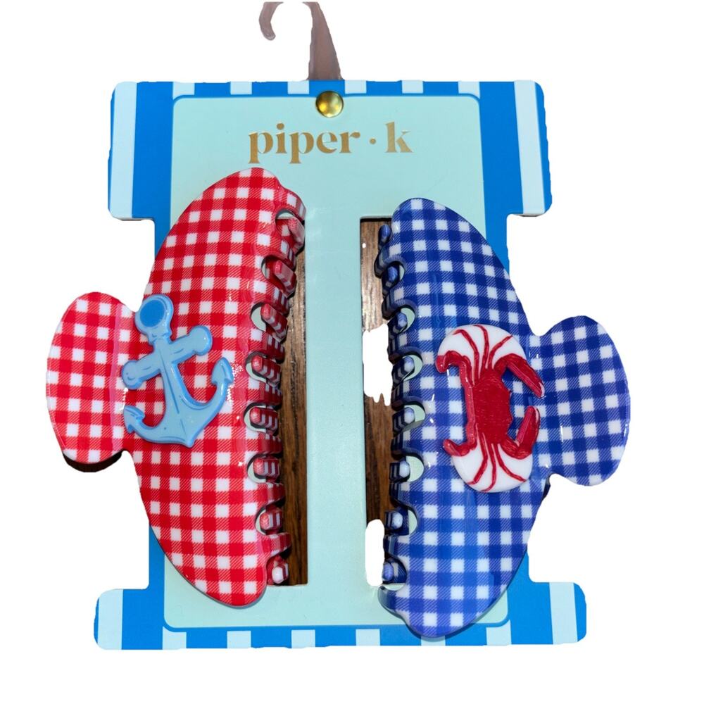 Piper K Crab and Anchor Picnic Plaid Red Blue Hair Clips Claw Clip Set Of 2 NEW
